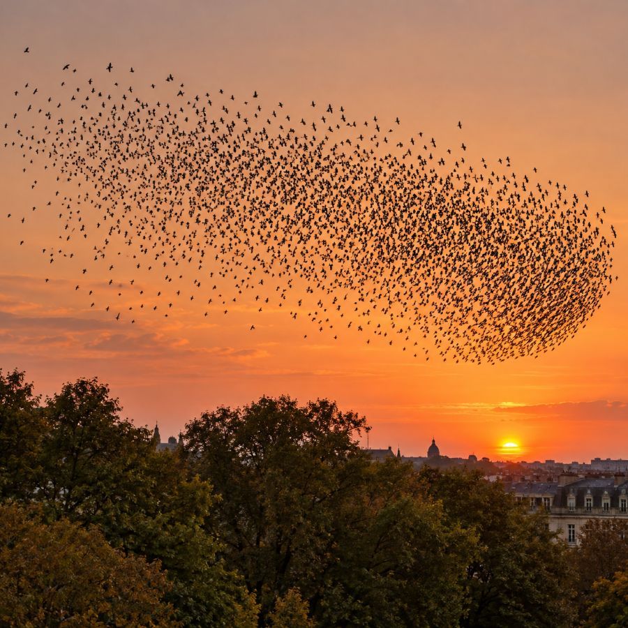 Stormo di storni in volo sopra gli alberi di una piazza al tramonto