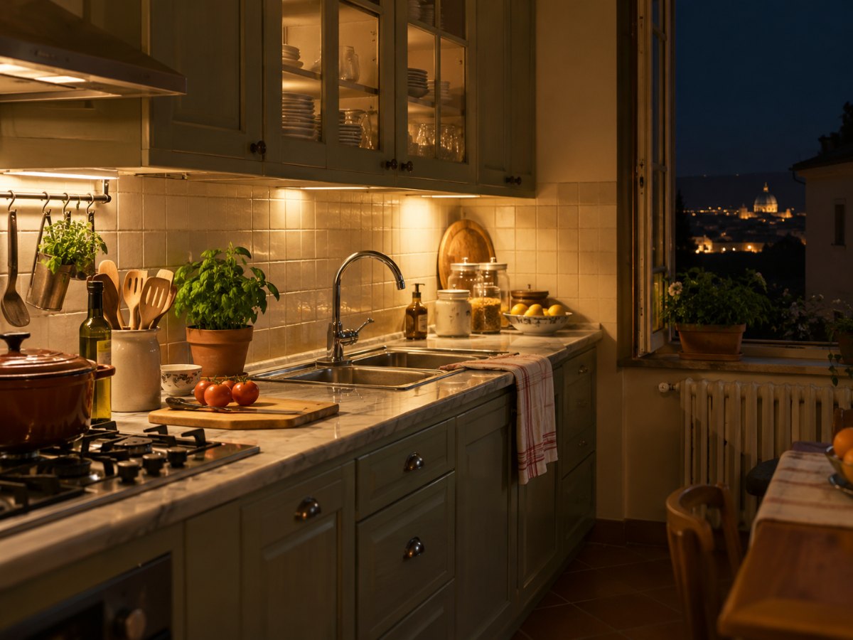 Cucina domestica di sera, dove le blatte escono di notte
