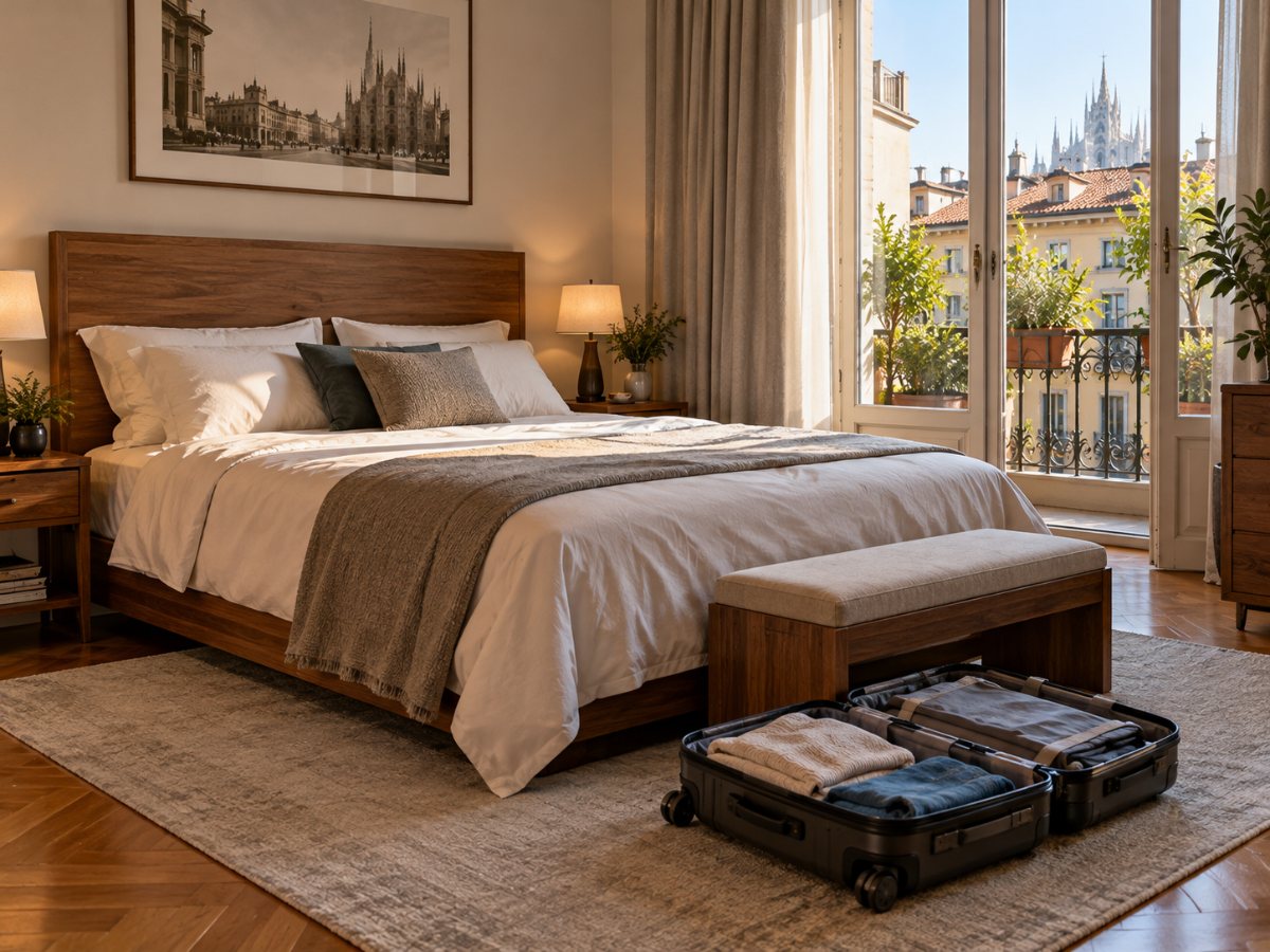 Camera da letto di un appartamento milanese con valigia ai piedi del letto