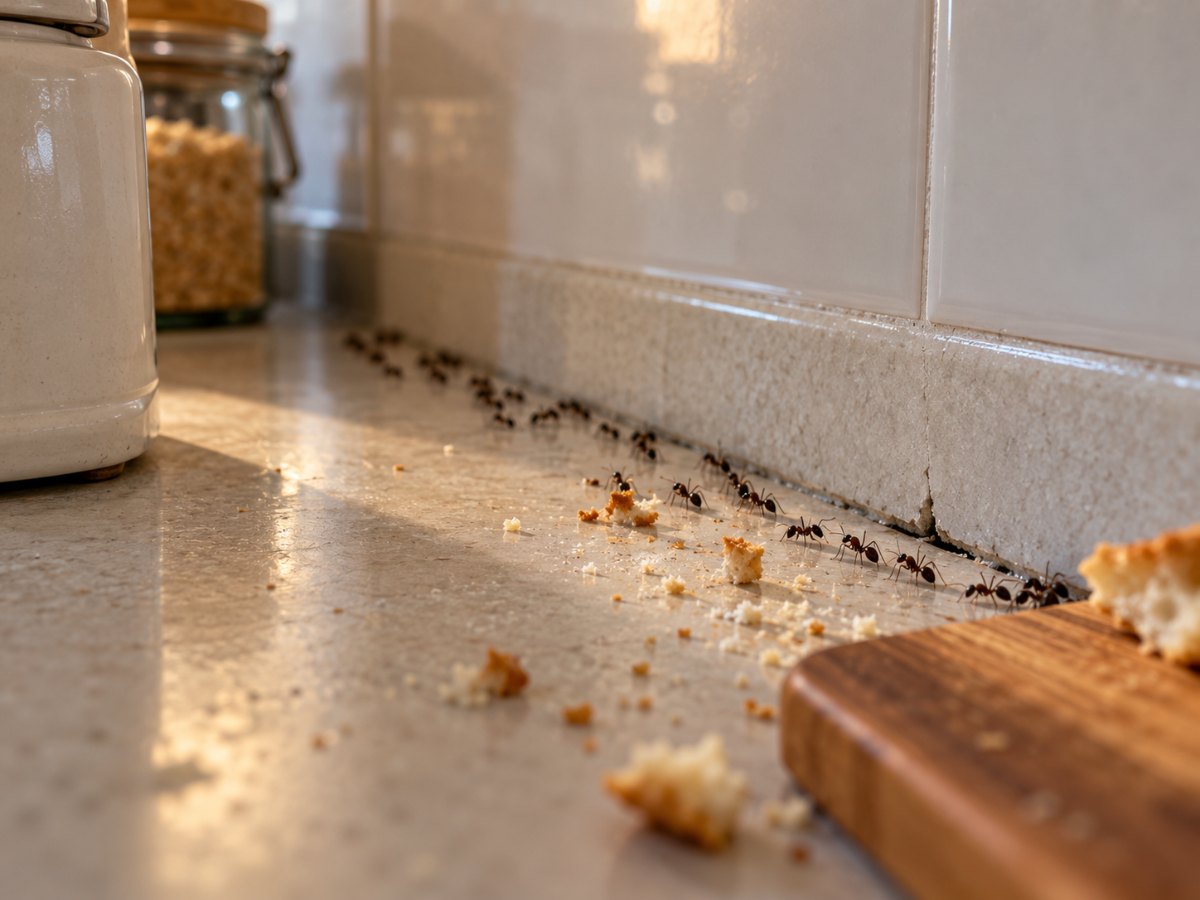 Fila di formiche su un piano di cucina vicino a una fessura