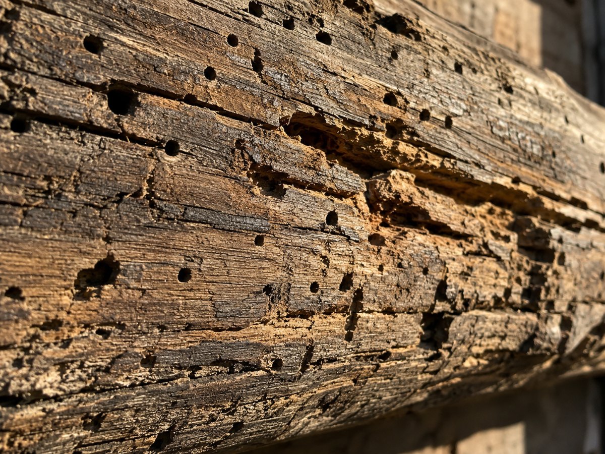 Trave di legno con fori e gallerie da infestazione
