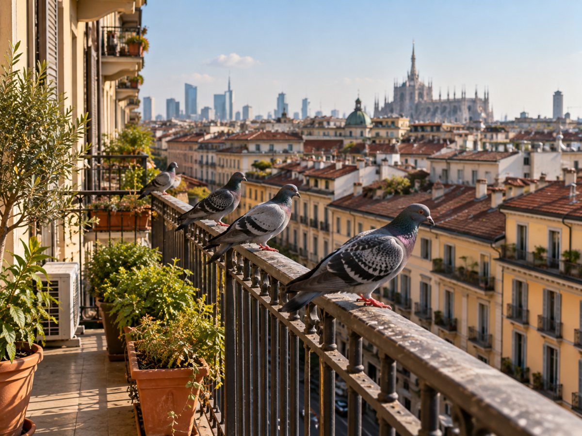 Piccioni sulla ringhiera di un balcone a Milano