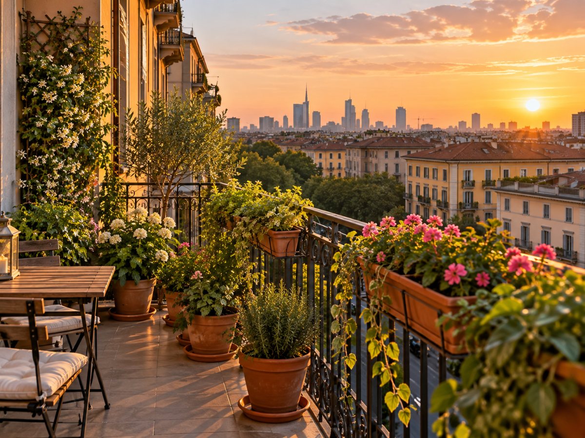 Balcone fiorito di un palazzo milanese al tramonto Balcone fiorito di un palazzo milanese al tramonto