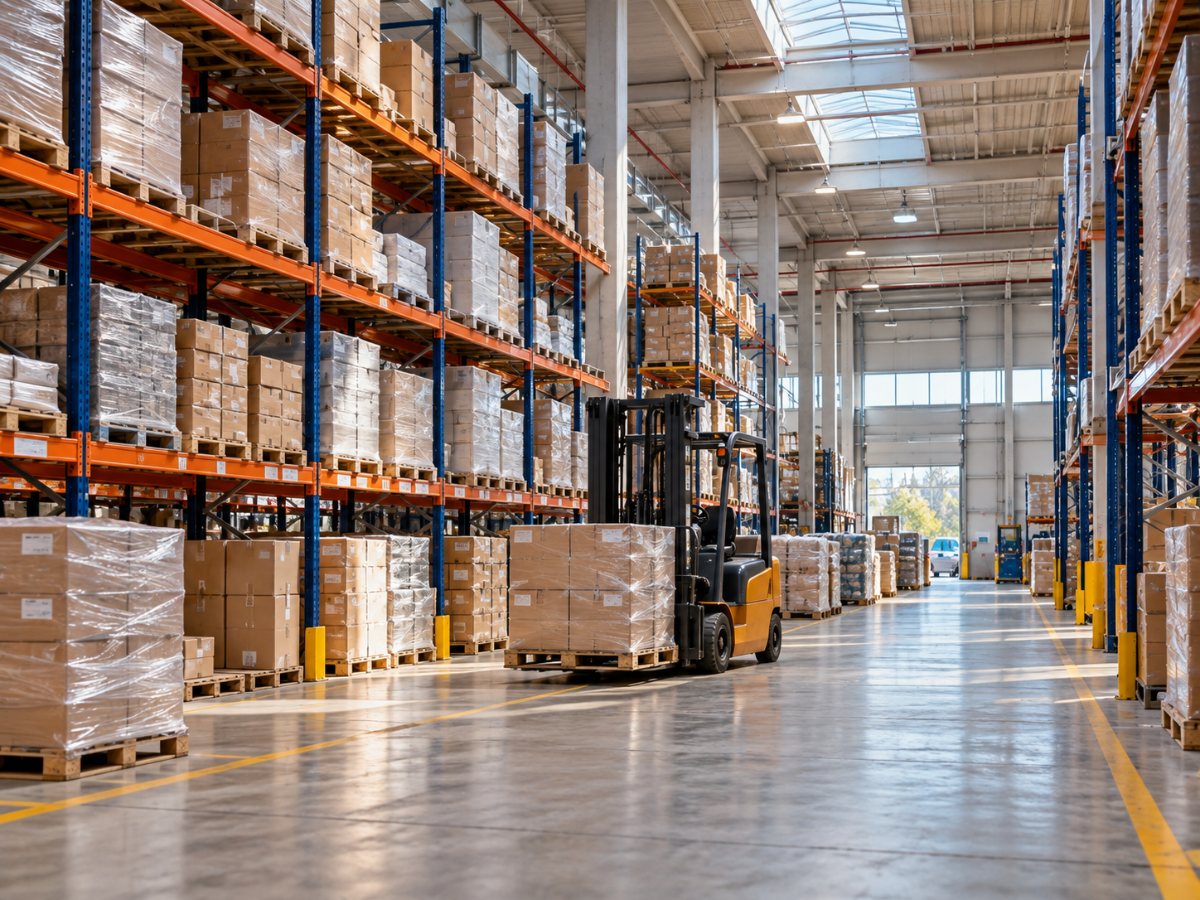 Magazzino logistico nell'area di Milano con scaffalature e bancali
