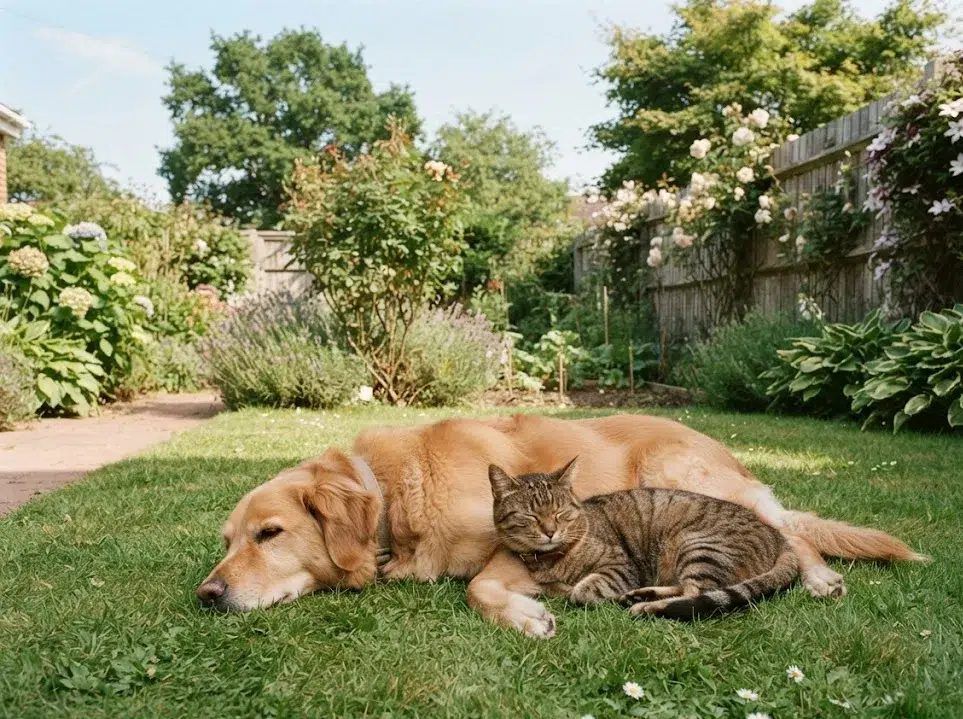 Cane e gatto in giardino in una casa trattata senza pesticidi