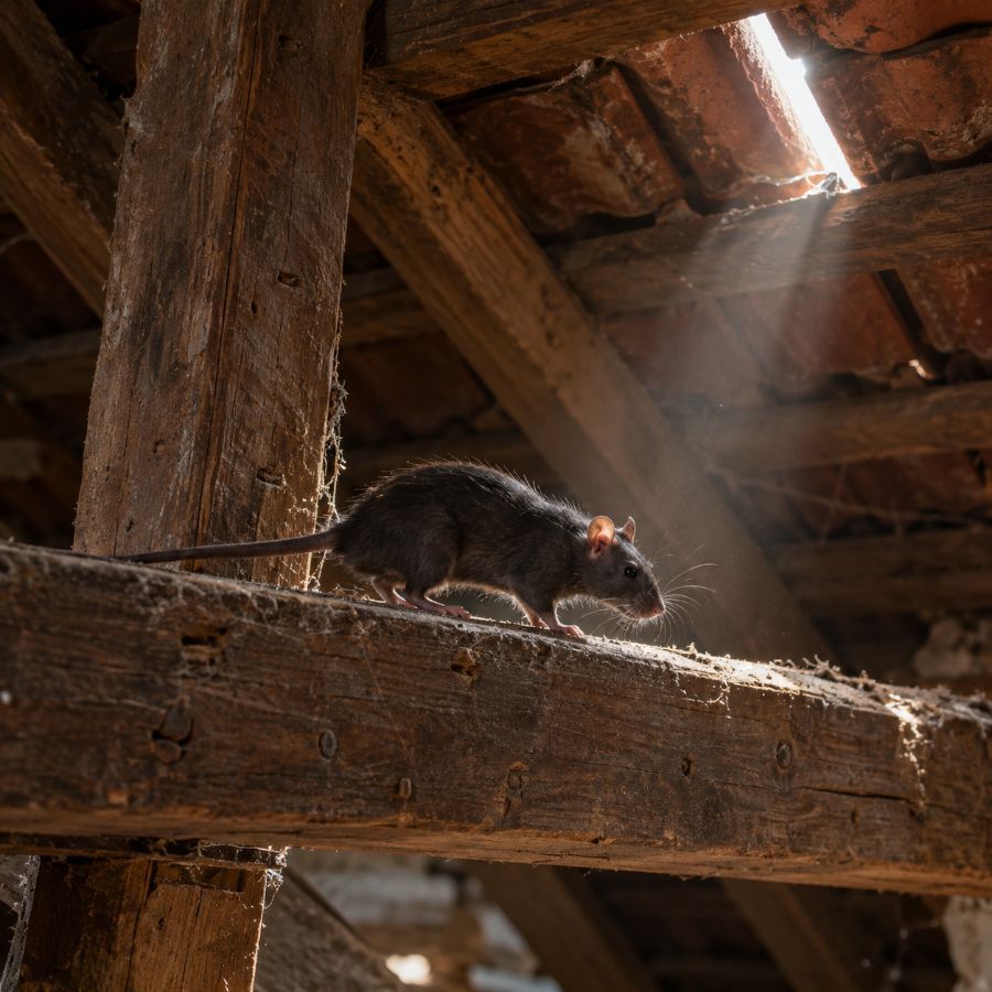 Ratto nero su una trave di un sottotetto