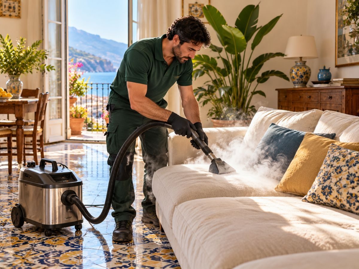Tecnico tratta un divano con il vapore in una casa lombarda